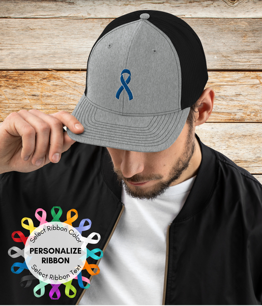 Customizable Trucker Hat with Embroidered Awareness Ribbon
