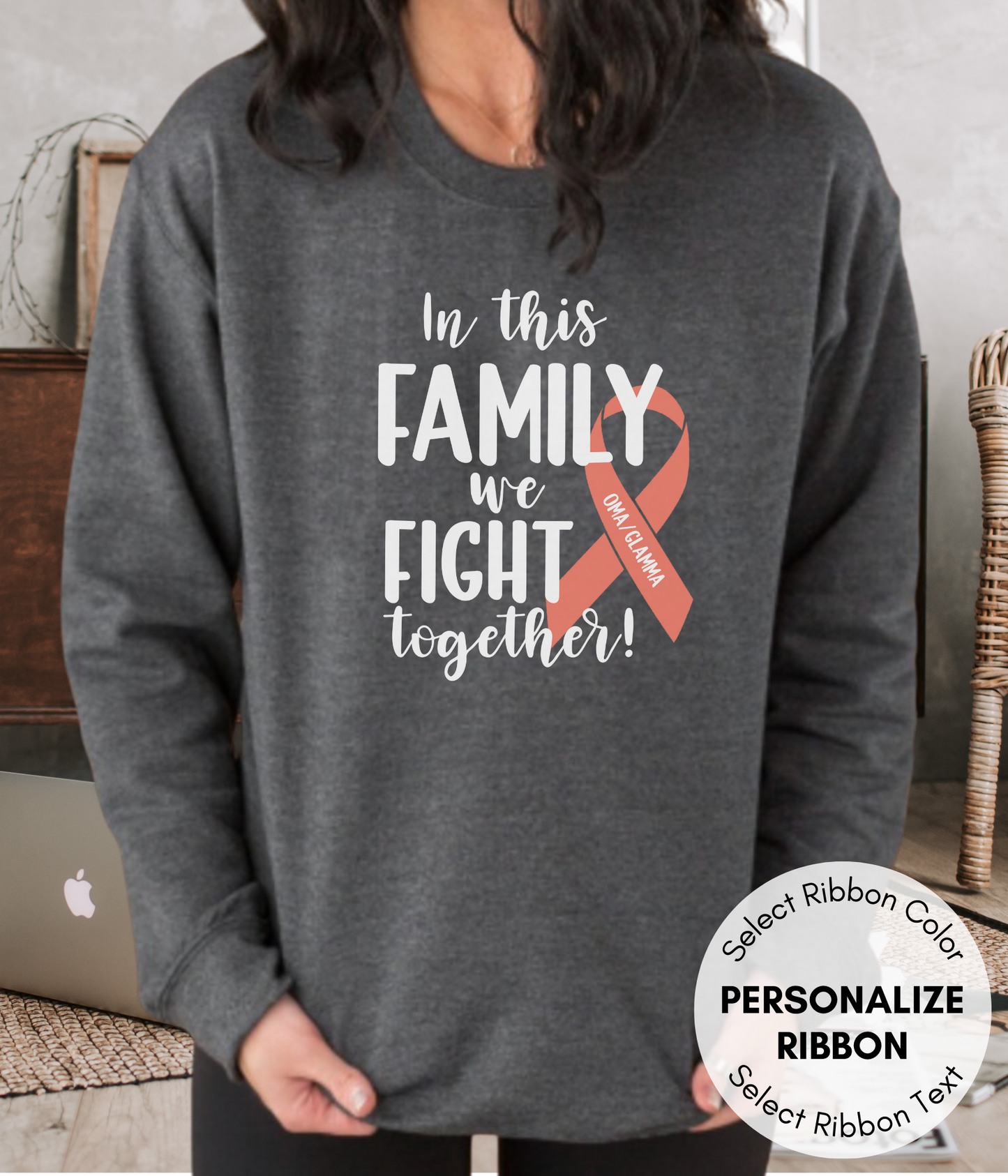 a woman wearing a sweatshirt that says in this family we fight together