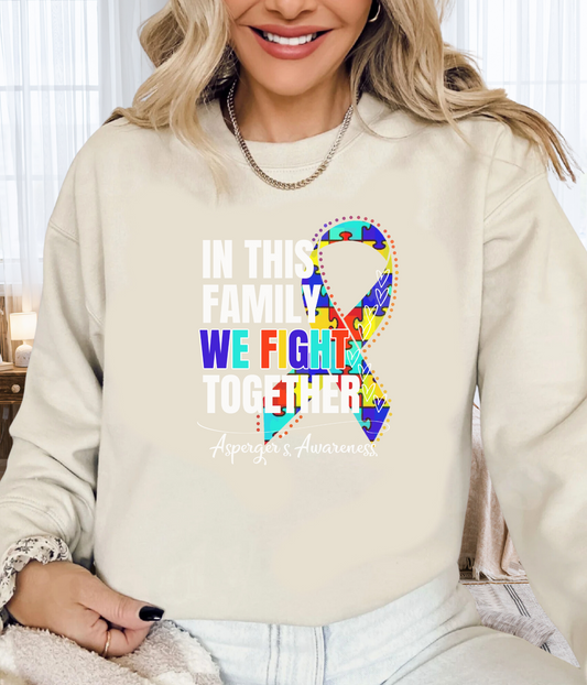 a woman wearing a white sweatshirt with a colorful ribbon on it