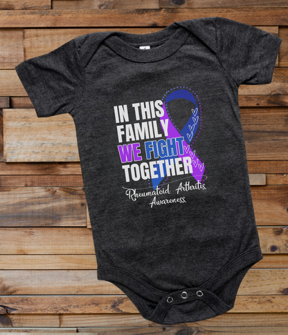 a black onesuit with a purple and blue ribbon in this family we fight together