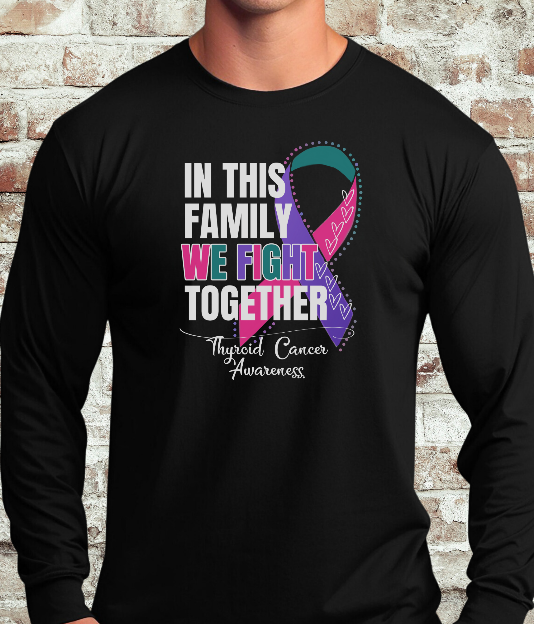 a man wearing a black shirt that says in this family we fight together