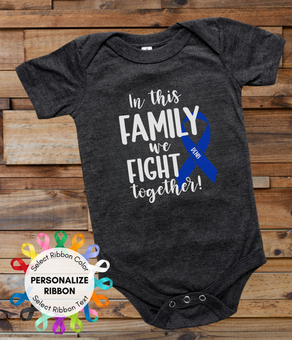 a black onesuit with a blue ribbon on it and the words in this family