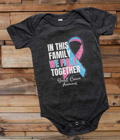 a black onesuit with a pink and blue ribbon in this family we fight together