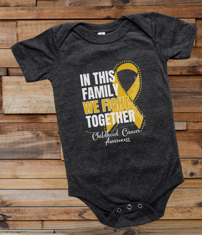 a black onesuit with a yellow ribbon in this family we fight together