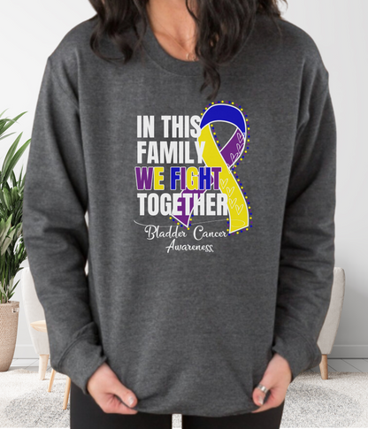 a woman wearing a sweatshirt that says in this family we fight together