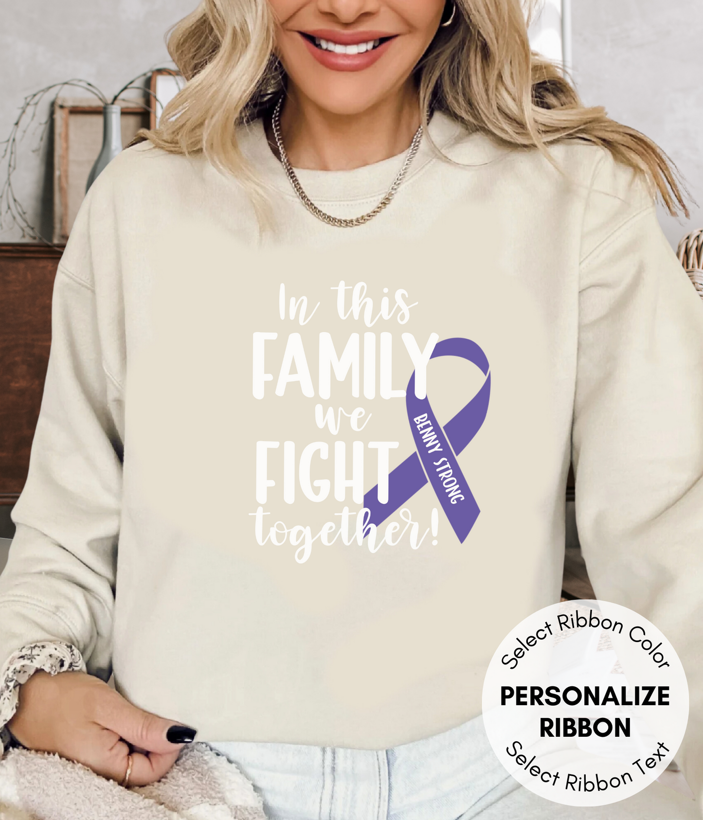 a woman wearing a sweatshirt that says in this family we fight together