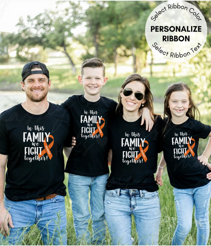 a family of four wearing matching family shirts