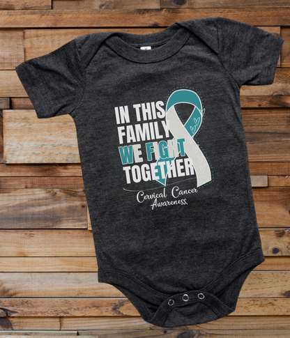 a black onesuit with a teal ribbon and words in this family we fight