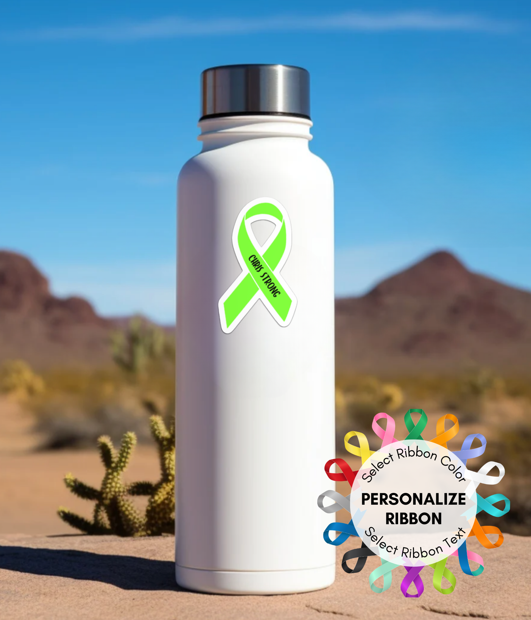 a white water bottle with a green ribbon on it